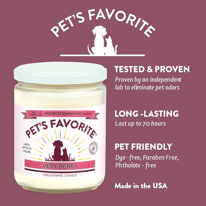 Pet's Favorite Pet Odor Candle, Clean Burning, Long Lasting Scented Candles with a Natural Fiber Wick and 70 Hour Burn Time, Very Berry