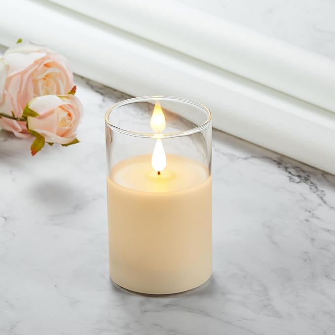 Flickering Flameless Candles, Battery Operated Candles with 3D Wick, Last 1000+ Hours LED Candle with Remote and Timer, Rechargeable Candle Real Wax White Glass, Home Decor 3" x 5"