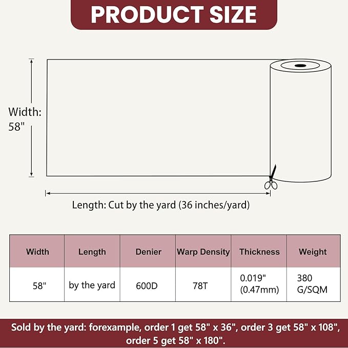 Waterproof Marine Canvas Fabric by The Yard 58" W 600D PVC Backing Water-Resistant Polyester Fabric Upholstery Material for Outdoor Indoor Marine Awning Tent Boat Furniture Cover DIY, 1 Yard Wine Red