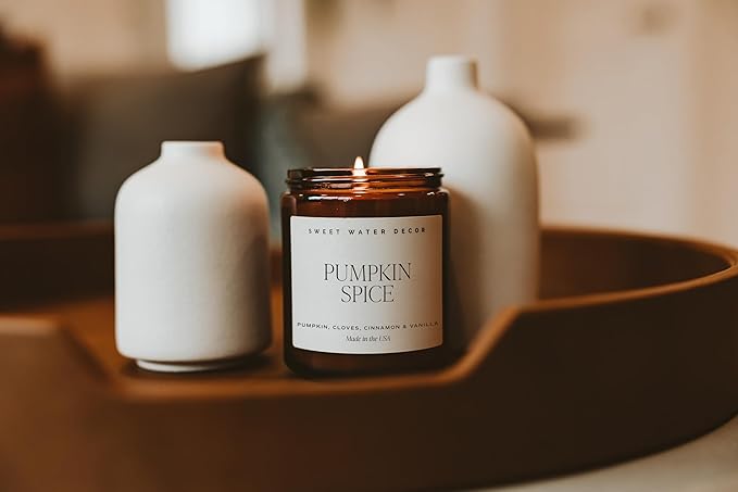 Sweet Water Decor Pumpkin Spice Candle - Fall Candles with Pumpkin, Clover, Cinnamon & Vanilla Scent for Home - Autumn Candle with 40 Hours Burn Time - 9Oz Black Lid Amber Jar Pumpkin Soy Candles