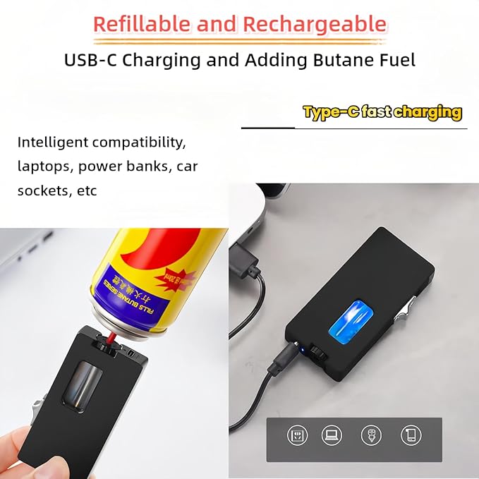 Extra Wide Flame Butane Lighters, Gravity Sensing Shake to Ignite, Adjustable Flame Size, USB-C Charging and Refillable Lighter with Safety Lock (Fuel Not Included) (Red)