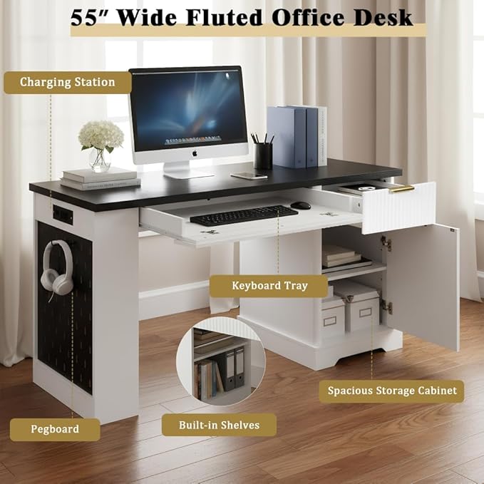 Executive L Shaped Desk with Storage Cabinet Drawers Built in Power Outlet Shelves for Home Office Gaming Study (White)