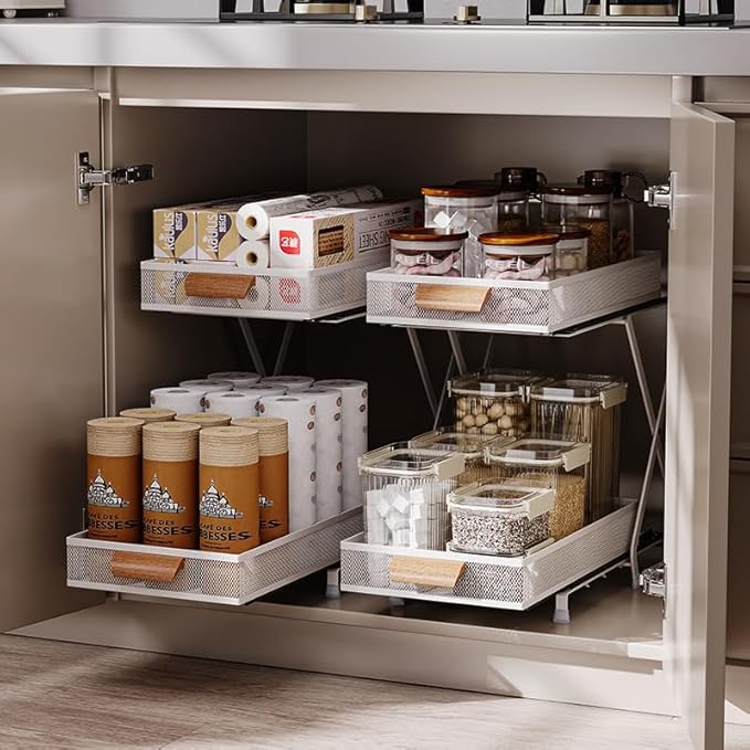 Carbon Steel Pull out Cabinet&Drawer Organizer,Adjusted to 3 different heights(12.4“&14.8”&16.4“),2 Tier Sliding Drawers for Kitchen,Bathroom,Office,Makeup Crafts, Condiment Pull-out basket