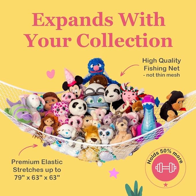 Lilly's Love Large Stuffed Animal Hammock | Corner Hanging Organizer, Toy Storage, Stuffed Animal Storage Net | Made from Quality Fishing Net, Holds 12lbs | 79"x63"x63" (Pastel Purple, 2 Pack)