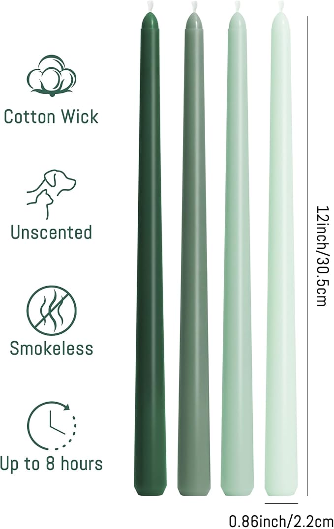 Viyffo Taper Candles, 12 Inch, 4 Pack, Green – Unscented, Smokeless Design, Up to 8-Hour Burn – Tall Candlesticks for Table Decor, Weddings & Dinners