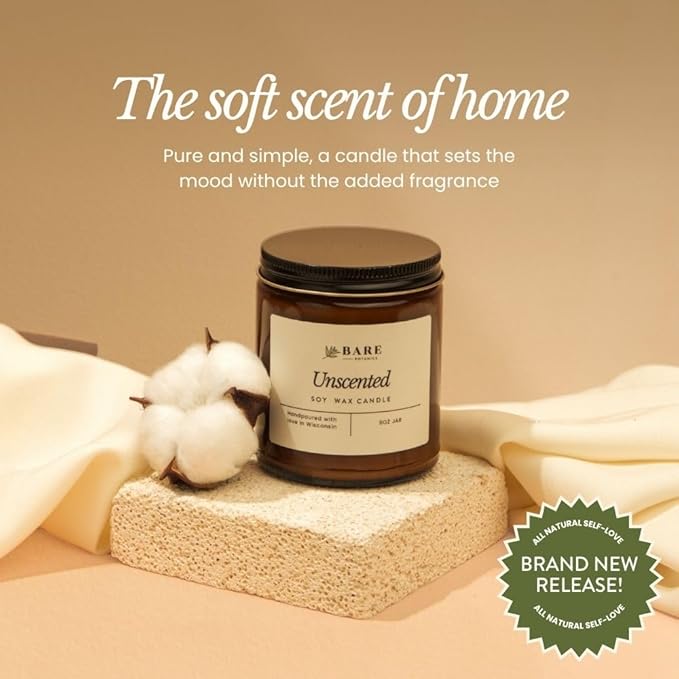 Bare Botanics Unscented 9oz Soy Candle - 100% Plant-Based Fragrance Oils - Premium, Non-Toxic Candle - Softly Scented Natural Soy Wax - Handpoured in WI - 40 Hrs Long Burning & Ready to Gift