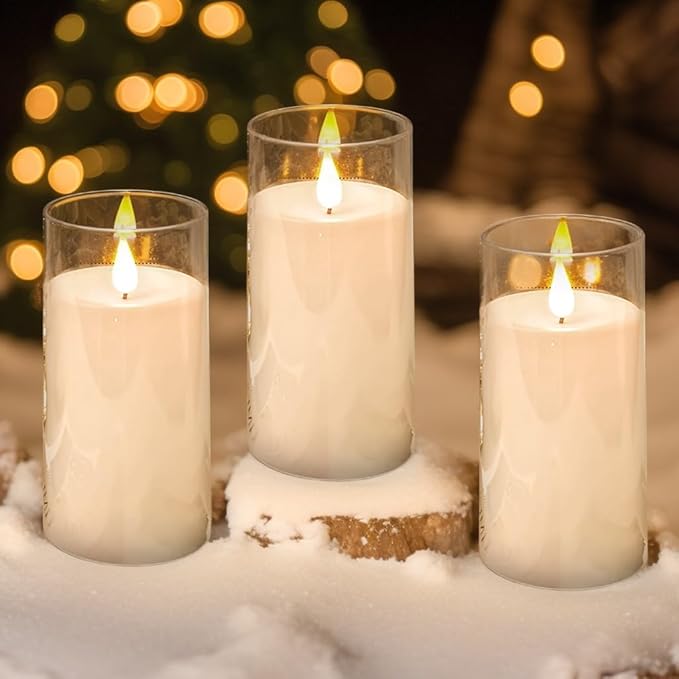 NICEME Flickering Flameless Candles with Remote Control Timer Unbreakable Acrylic Battery Operated LED Candles with Flickering Flame 3D Wick for Romantic Ambience Home Decor Set of 3, D3” xH6”