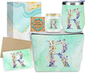 Personalized Gifts Monogrammed Birthday Gifts for Women, Mommy, Female Going Away Farewell Christmas, Initial Wine Tumbler Makeup Bag Scented Candle Bracelet Set, (Aesthetic Green Flower R)