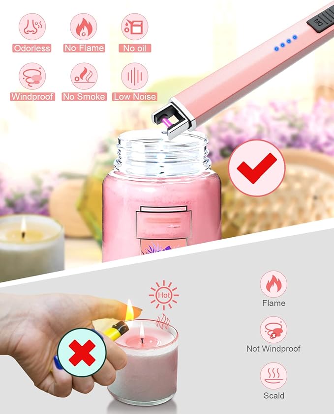 Rechargeable Lighter Electric Candle Lighters Arc Plasma Flameless Windproof USB Lighter Multi-Safety Protection (Rose Gold)