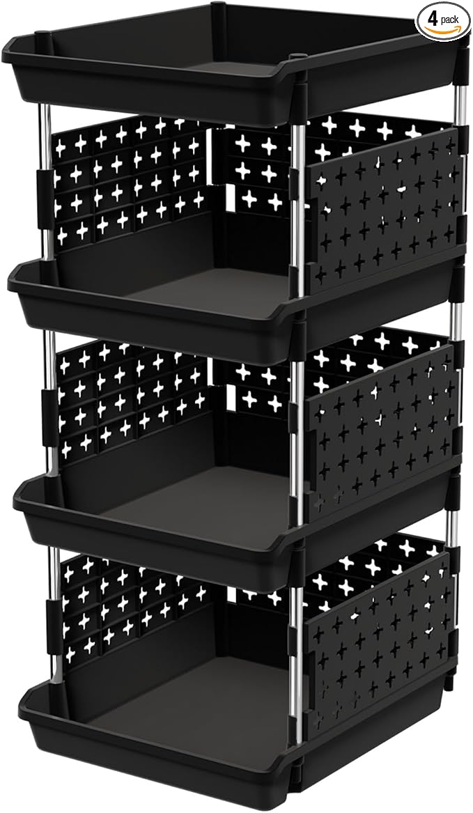 Lifewit Plastic Stackable Storage Baskets, 4 Tier Stacking Bins for Food and Clothes, Multifunctional Organizer for RV, Kitchen, Playroom, Pantry, Black, 35 x 30 x 72 cm/14 x 12 x 28 inch, 1 Pack