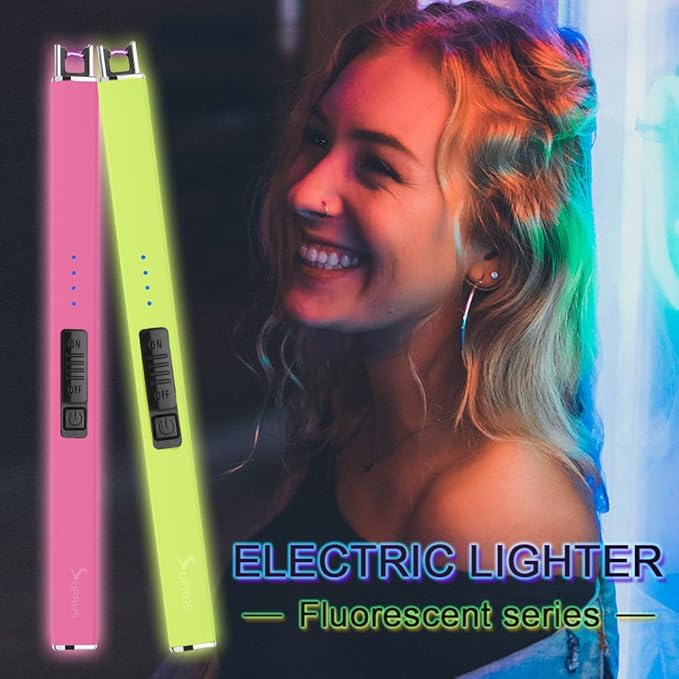 SUPRUS Fluorescent Glows in The Dark Electric Candle Lighter Rechargeable USB Arc lighters with Safety Lock Windproof Flameless Plasma for Candle BBQ Camping (Orange, 3)
