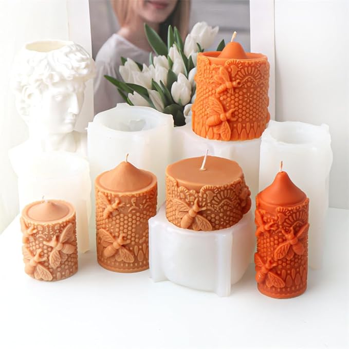 Bee Lace Trim Cylinder Candle Mold, Honeybee Beehive Pillar Silicone Mold for Beeswax Candle, Soy Wax Candle, Plaster Ornament, DIY Crafts (J)