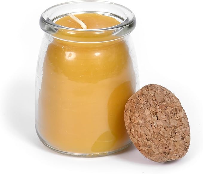 BeeTheLight Beeswax Jar Candle - 100% Pure USA Bees Wax in Glass Container with Cork Lid - Unscented - All Natural Light Honey Scent (7 oz w/Cork Lid, Unscented)