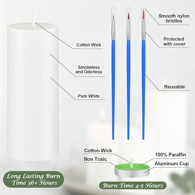 MTLEE 84 Pcs DIY Candle Painting Kit Include 12 White Pillar Candles 60 Colored Tealight 12 Paint Brushes for DIY Crafts Birthday Wedding Party Centerpiece(2"x4", 2"x6", 2"x8")