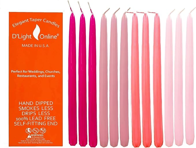 D'light Online Elegant 12" Pink Gradient Taper Candles Premium Quality- Unscented, Hand-Dipped Tapered Candles, Dripless and Smokeless - Set of 12 (12 Inch, Pink Gradient)