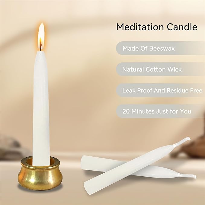 Mini Taper Candle Meditation Candles,White 20 Minute Prayer Candlestick Dripless Beeswax Candles with Brass Candle Holder for Yoga & Spiritual Rituals,30-WHI
