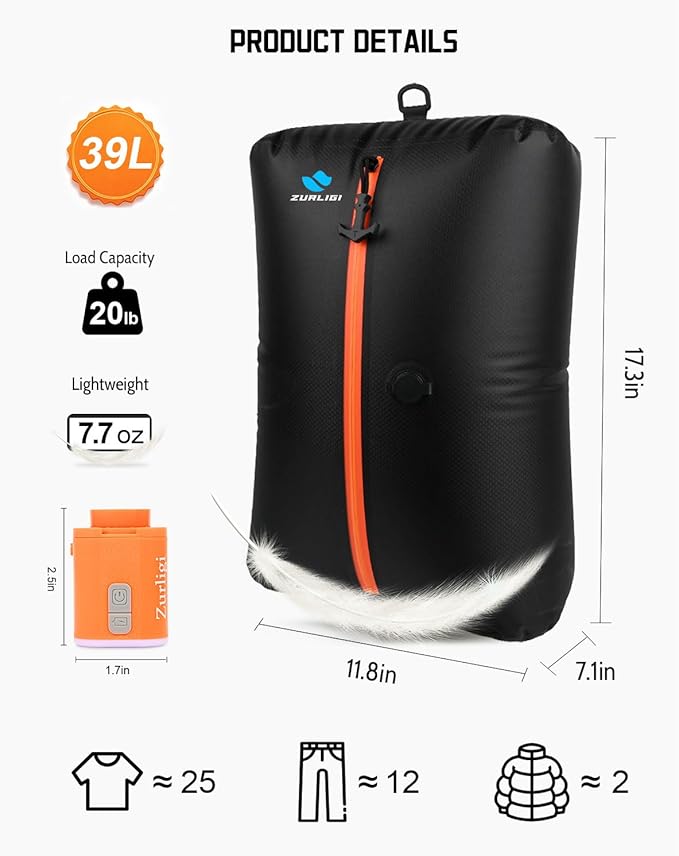 Zurligi Travel Vacuum Compression Bags with Removable Handle & Mini Pump – 39L Reusable IPX8 Waterproof Vacuum Packing Cubes, Vacuum Seal Bags for Clothes, Suitcase & Backpack(1-Pack Black)