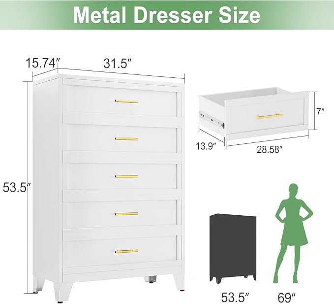 Ckzbx Metal Dresser Tall White Dresser for Bedroom Chest,53.54" H White Drawer Chest, Closet Dressers & Chests of Drawers for Living Room, Hallway (5 Drawers)