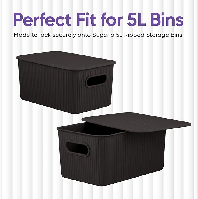 Superio Ribbed Collection - Decorative Plastic Basket Open Home Storage Bins Organizer, Brown (Parent) Container Boxes for Organizing Closet Storage Bins for Shelves (Lid - Medium (5 Liter), 2 Pack)
