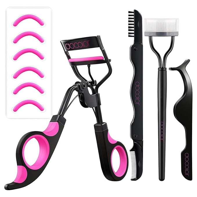 Docolor Eyelash Curler Kit, 4 in 1 Lash Curler Kit, eyelash comb eyelash extension tweezers eyebrow brush and comb with 6 Extra Replacement Refill Pads Eyelash Applicator Makeup Tool