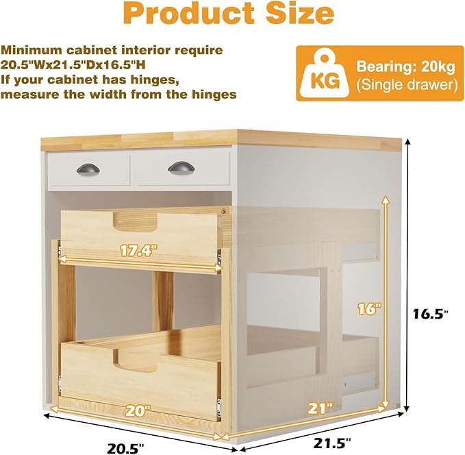 Pull Out Cabinet Organizer, 20''W×21''D Sliding Drawers for Cabinets, 2 Tier Soft Close Slide Out Wooden Pull out Drawers, Base Cabinet Organization for Kitchen, Pantry