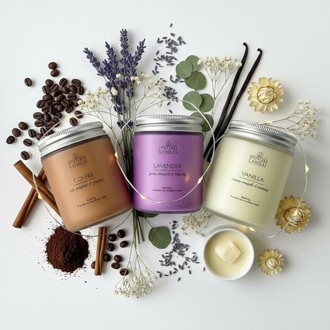Aromatic Candles Three Pack - 3 x 8 oz Cotton Wick Candles Coloured Fosted Jars - Vanilla, Lavender and Coffee, Classic Candle Set for Men and Women by Spotless Leopard