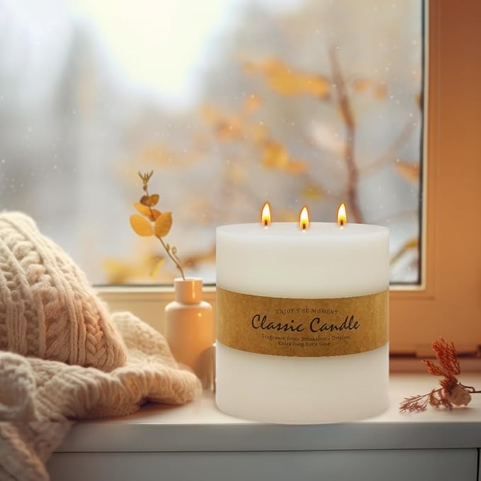 Large 3-Wick Ivory Pillar Candle - 6x6 Inch Dripless & Smokeless Unscented Fat Candle, 120 Hour Long Burning Hand-Poured Thick Candle with Cotton Wicks