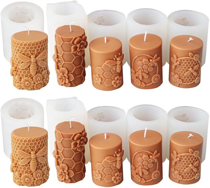 Bee Honeycomb Flower Cylinder Candle Mold, Honeybee Beehive Pillar Silicone Mold for Beeswax Candle, Soy Wax Candle, Plaster Ornament, DIY Crafts (C)