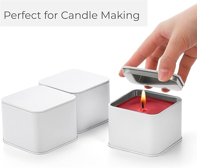 AVLA 24 Pack Candle Tins, 8 OZ Square Candles Jar with Lid, Empty Metal Candle Containers, Bulk Candy Storage Can Sets for DIY, Arts, Crafts, Storage, Gifts, White Decorative Candles Making Supplies