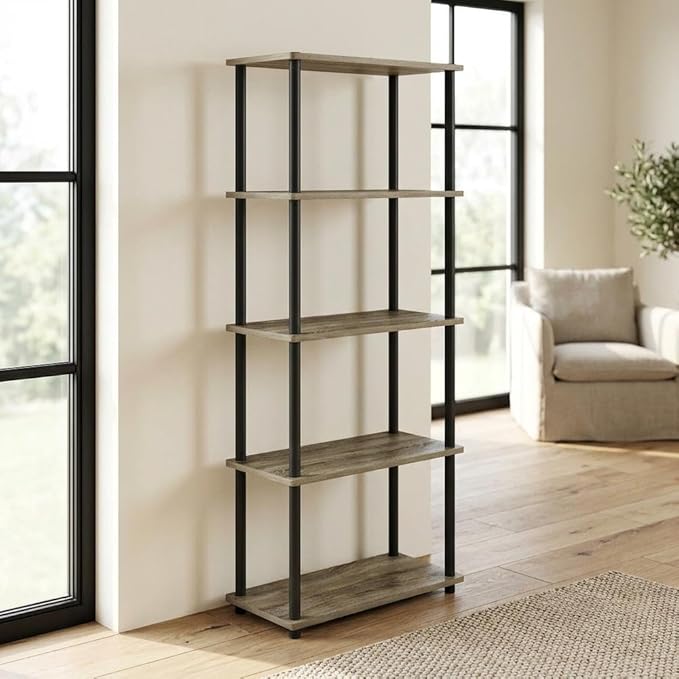 Furnifact French Oak Black Bookcase with Elegant Wooden Design, Sturdy Construction, Ideal for Home or Office Storage, Contemporary Style