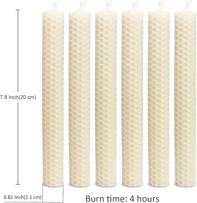 DEYBBY Natural Beeswax Taper Candles,8inch Dripless and Smokeless White Bee Wax,4Hour Burn Time Flat Top (Pack of 6)