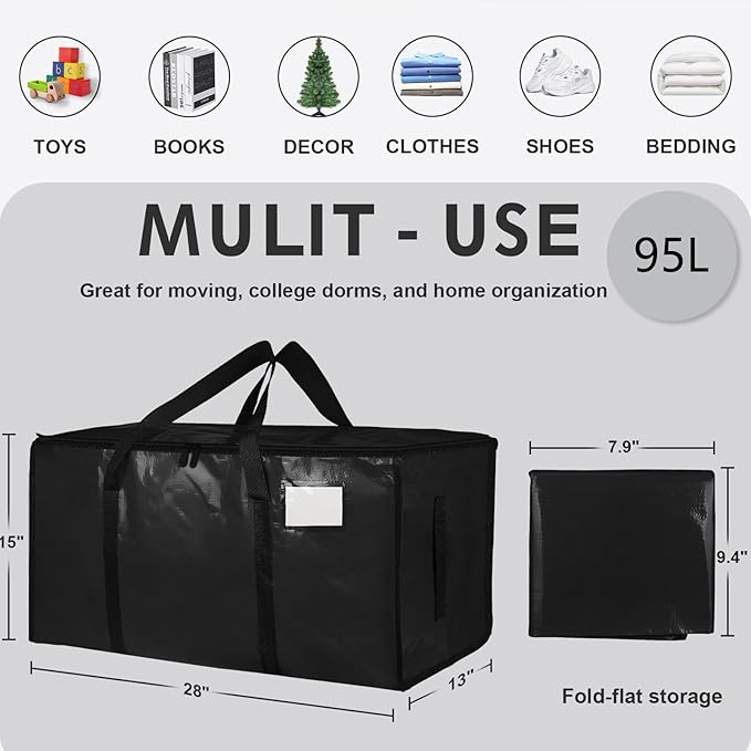 16 Pack-Extra Large Heavy Duty Moving Bags - Waterproof Storage Totes with Handles & Zippers, Foldable for College Dorm, Storage (Black)