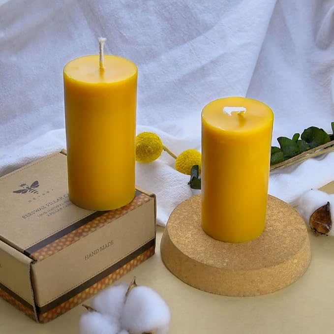 DEYBBY Natural Beeswax Pillar Candle, Smokeless Dripless Pure Beeswax Candle Set with Natural Scent for Room Decoration Prayer Party, Long Lasting Burn Time, 2 X 4 inch (2 Pack),Yellow Raw