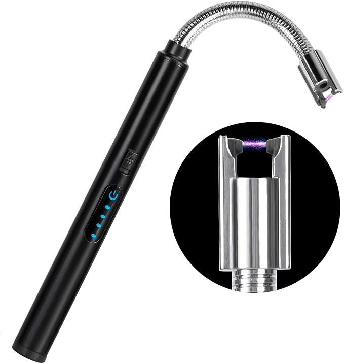 Candle Lighter, Plasma Electric Arc Lighters with 360¡ã Flexible Long Neck and LED Battery Display, USB Rechargeable Windproof Flameless for Camping Kitchen Grill Candle (Black)