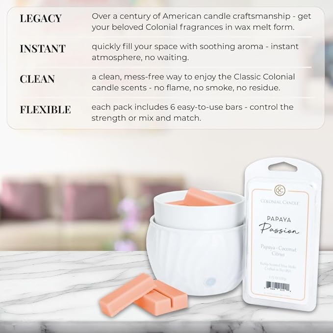 Colonial Candle Papaya Passion Scented Wax Melts, Wax Melt Warmer Cubes, Long Lasting Scented Wax Warmer Cubes, 4 Pack, 6 Cubes Each - Made in The USA