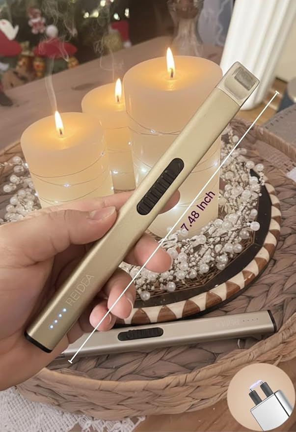 REIDEA Electric Lighter Gifts for Candle Lovers [Stocking Stuffers for Women & Men], Retractable Top Windproof Flameless USB Rechargeable Arc Safe for Adults, R1 Flat, Champagne Gold
