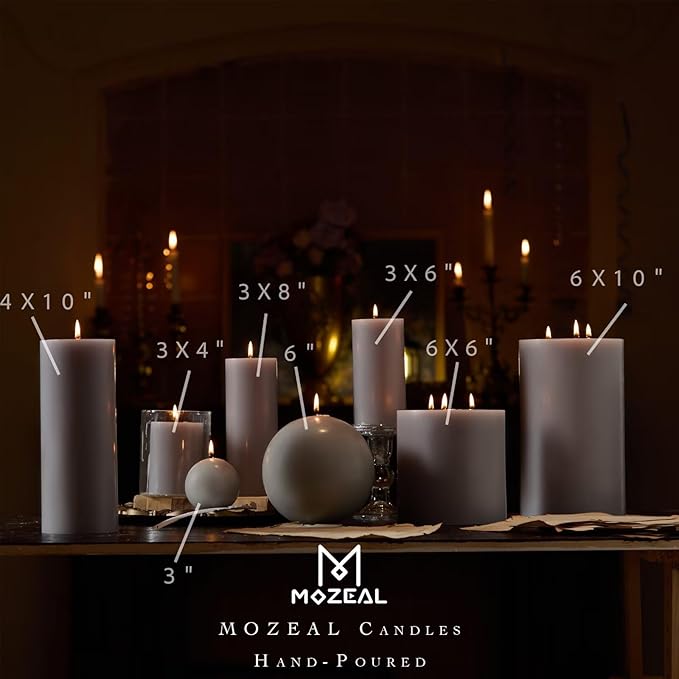 MOZEAL 3" x 6" Hand-Poured Unscented Candle,Dripless Pillar Candle Set of 3,Long Lasting Burning,Approx 120 Hours Burn Time,Rustic Country Style,for Wedding,Dinner,Christmas and Home Decor,Gray