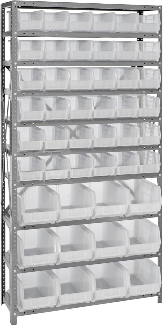 Quantum Storage Systems QSBU-230240CL Giant Open Hopper Steel Shelving System, 12" D x 36" W x 75" H, with 10 Shelves and 36 QUS230 and 12 QUS240 Bins, Clear