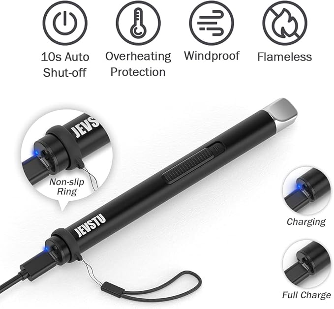 Electric Lighter, Candle Lighter USB Rechargeable, Arc Windproof Flameless Plasma Long Stick with Rope and Ring, Perfect for Candle BBQ Camping Kitchen Stove, Black