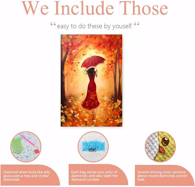 GUAIEUW 5D DIY Diamond Painting Kits for Adults - Autumn Beautiful Woman Diamond Painting, Full Round Diamond Canvas Diamond Art by Numbers Painting Kit Gift, Home Wall Decor 20x30 Inch