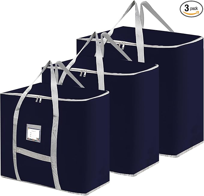 3 Pack Different Size Large Storage Bags, Heavy Duty Storage Bags, Large Moving Bags, Space Saving, Storage Tote Bag, Organizing Bedroom, with Reinforced Handles & Double Zippers (Blue)