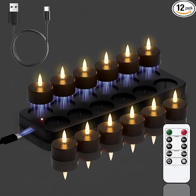 GenSwin 12 Rechargeable Tea Lights Candles with Charging Base and Remote Timer, Flameless LED Tealight Candles Battery Operated Halloween Fall Wedding Table Centerpieces (Black, 1.57” x 1.85”)