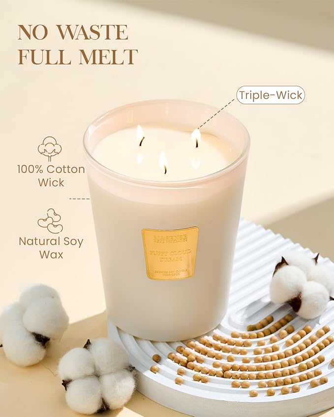M&SENSE Puffy Cloud Dream Soy Large Candles, 3-Wick 35oz 150H Slow Burning, Aromatherapy Candle for Nursery Calm Winter Home Décor