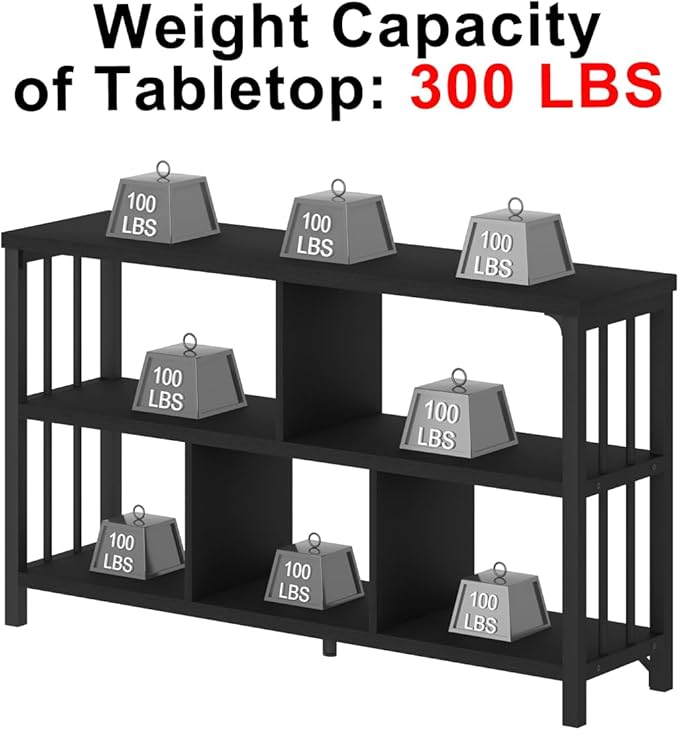 IBF Horizontal Cube Book shelf, Industrial Modern Open Bookshelf, Low Wide Home 5 Cube Storage Organizer Long Shelf for Bedroom, Short Wood and Metal Cubby Book Shelf for Living Room, Black Oak, 47 In