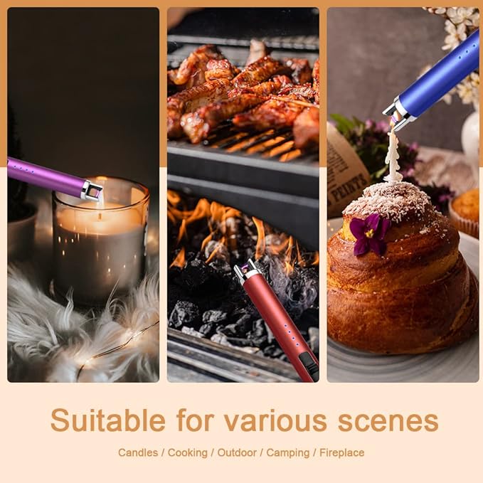 USB Rechargeable Candle Lighter Electronic Arc Lighter Windproof Flameless with Safety Button for Camping Cooking BBQ (Purple)