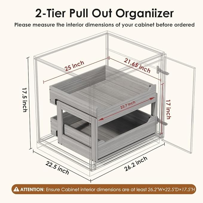 Pull Out Drawers For Cabinets, 25" W x 21.65" D x 17" H Slide Out Wooden Pull out Drawers, 2-Tier, Heavy-Duty Base Bottom Assembly Slide out Drawer Shelf Cabinet Organization for Kitchen, Gray