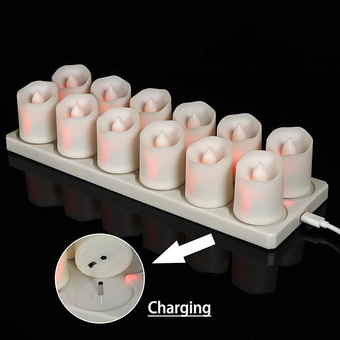 12pcs LED Rechargeable Tea Lights with Remote Timer and USB Charging Base, Flameless Votive Candles Flickering Warm White Electric Fake Tealights