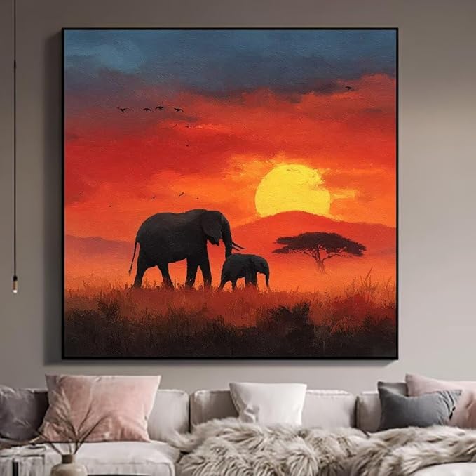 Paint by Numbers Kit for Adults Elephant Paint by Numbers Sunset DIY Crafts for Adults Canvas Paintings Kits, Hobbies for Women Art With Accessories for Home Wall Decor 16x16 Inch Without Frame 2-71W9