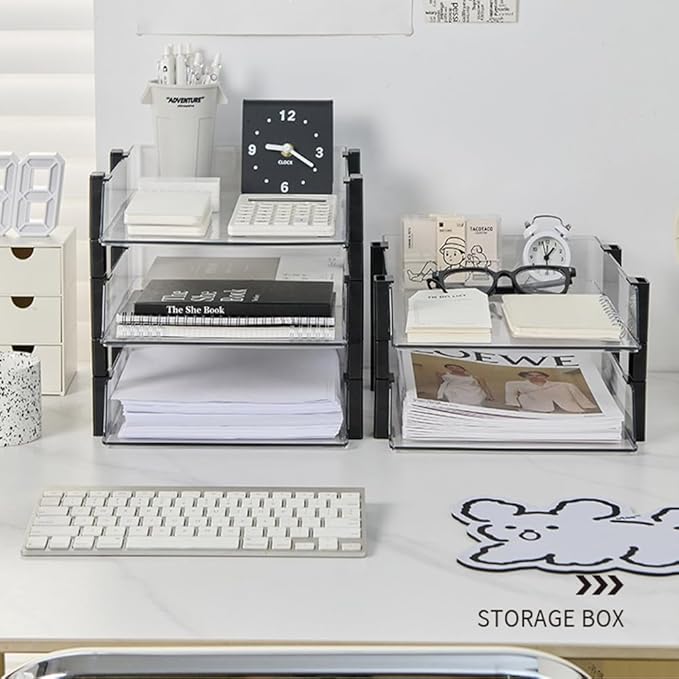 Clear 2-Tier Stackable Paper Tray Organizer for Letter/A4 Files, Desktop Document Sorter, Transparent Office Desk Storage (2 - Tier Clear)