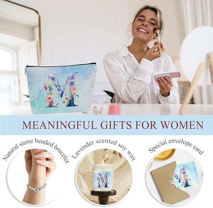 Personalized Gifts Monogrammed Birthday Gifts for Women, Her, Teacher Mother in Law Wedding Christmas Initial Wine Tumbler Makeup Bag Scented Candle Bracelet Set, (Aesthetic Blue Flower M)